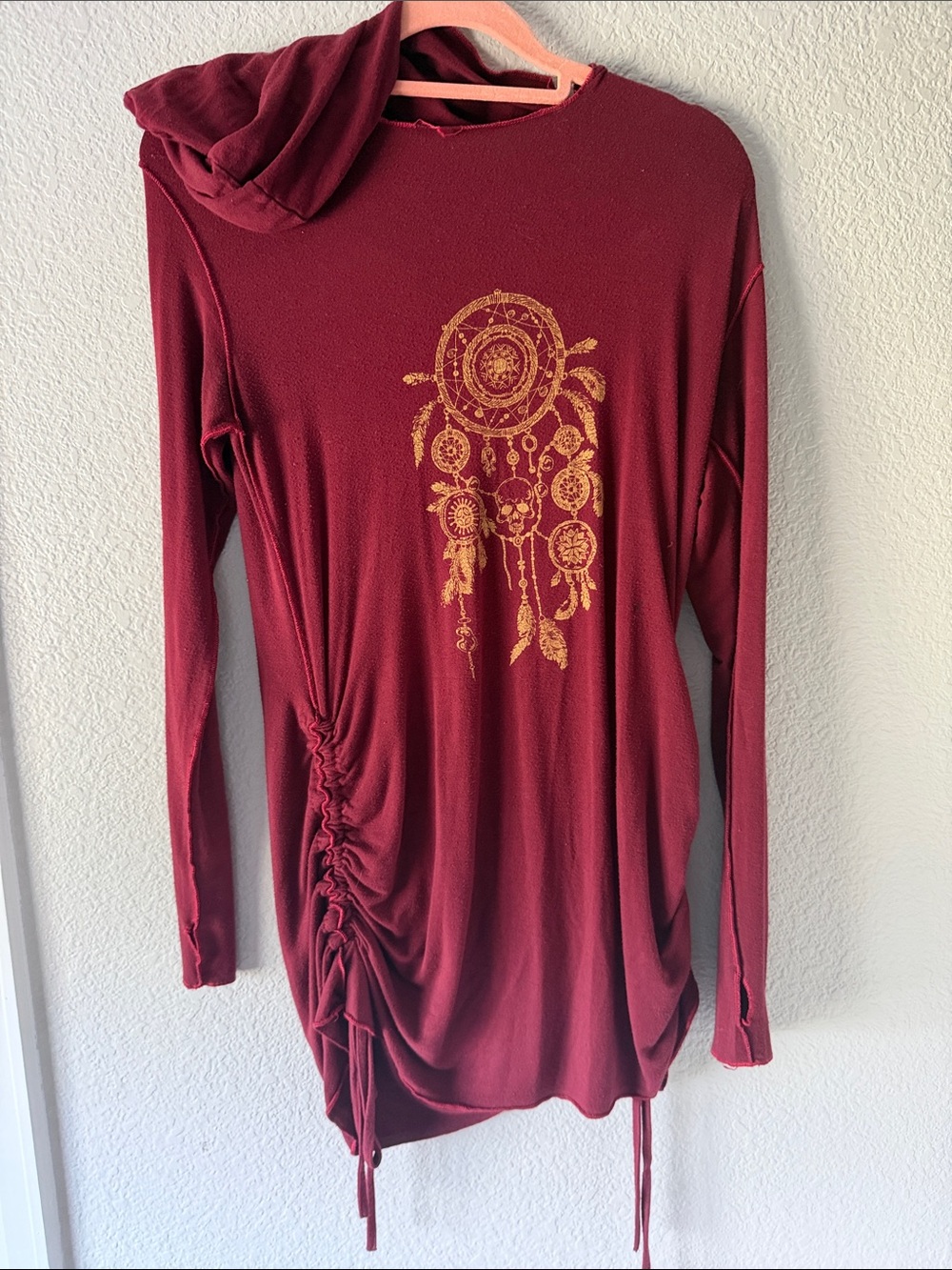 Women's Burgundy Long-Sleeve Hooded Tunic with Gold Dreamcatcher